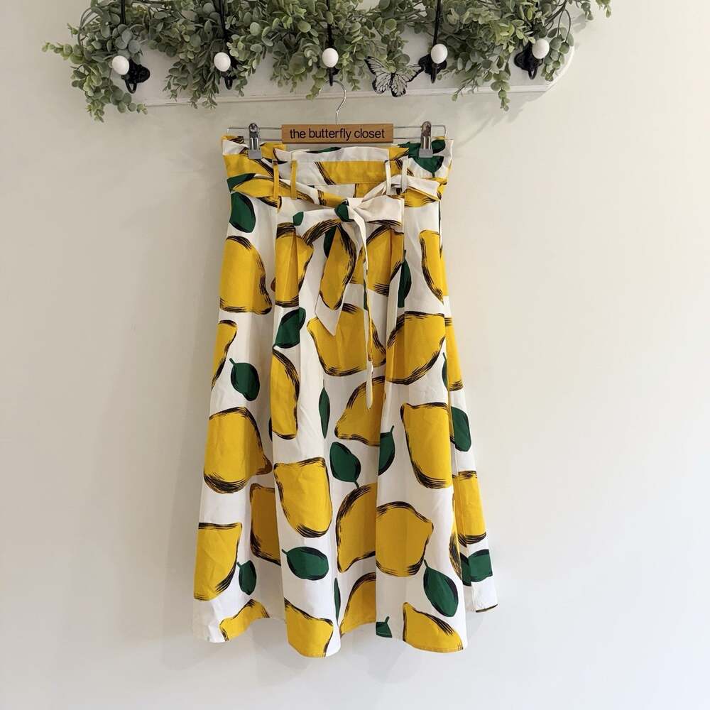 Her Destiny Lemon Print Belted Midi Skirt Medium D245